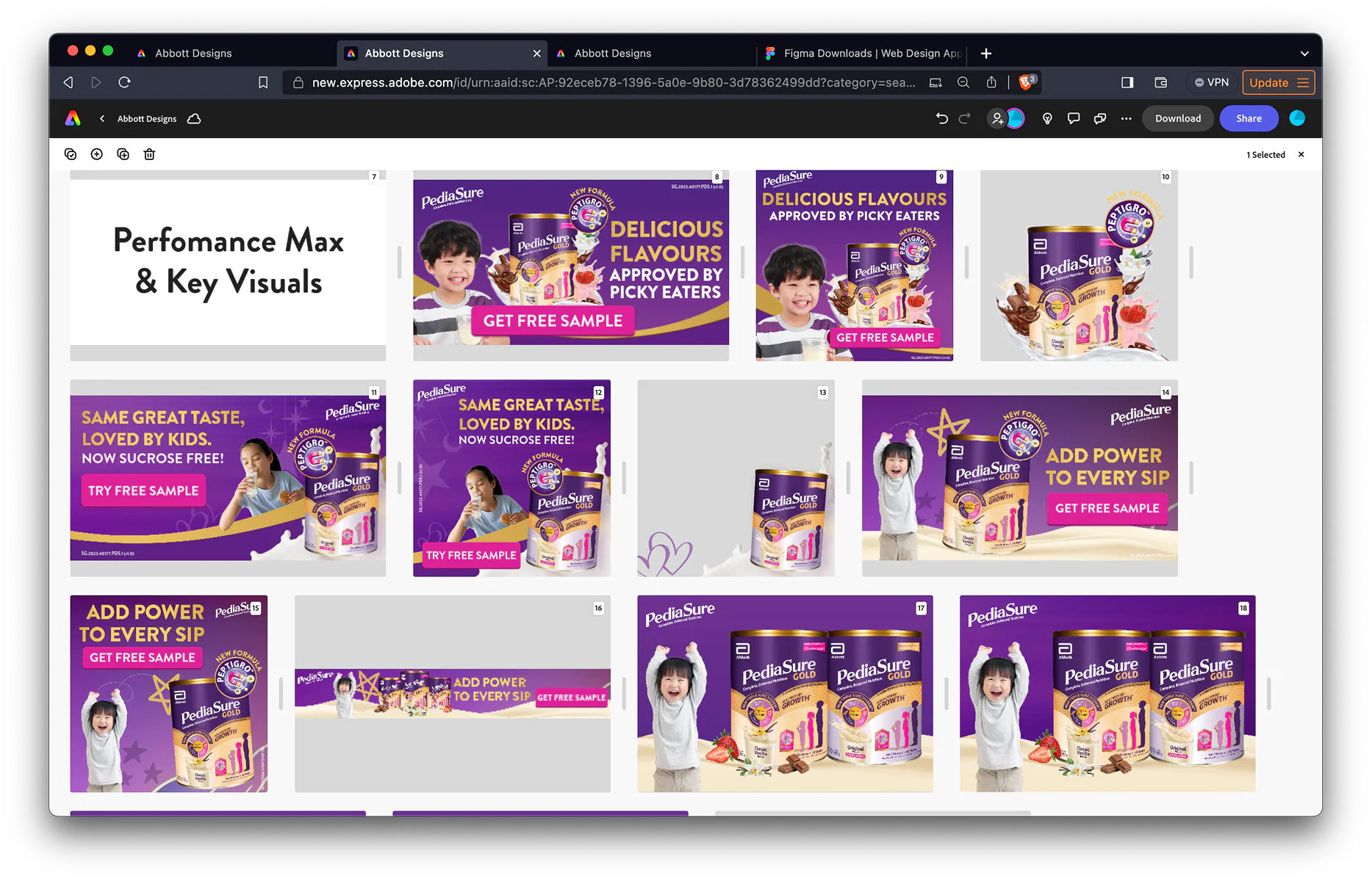 PediaSure display-ad key visuals laid out in Adobe Express — campaign banners with children, product cans and ‘Get free sample’ calls to action.