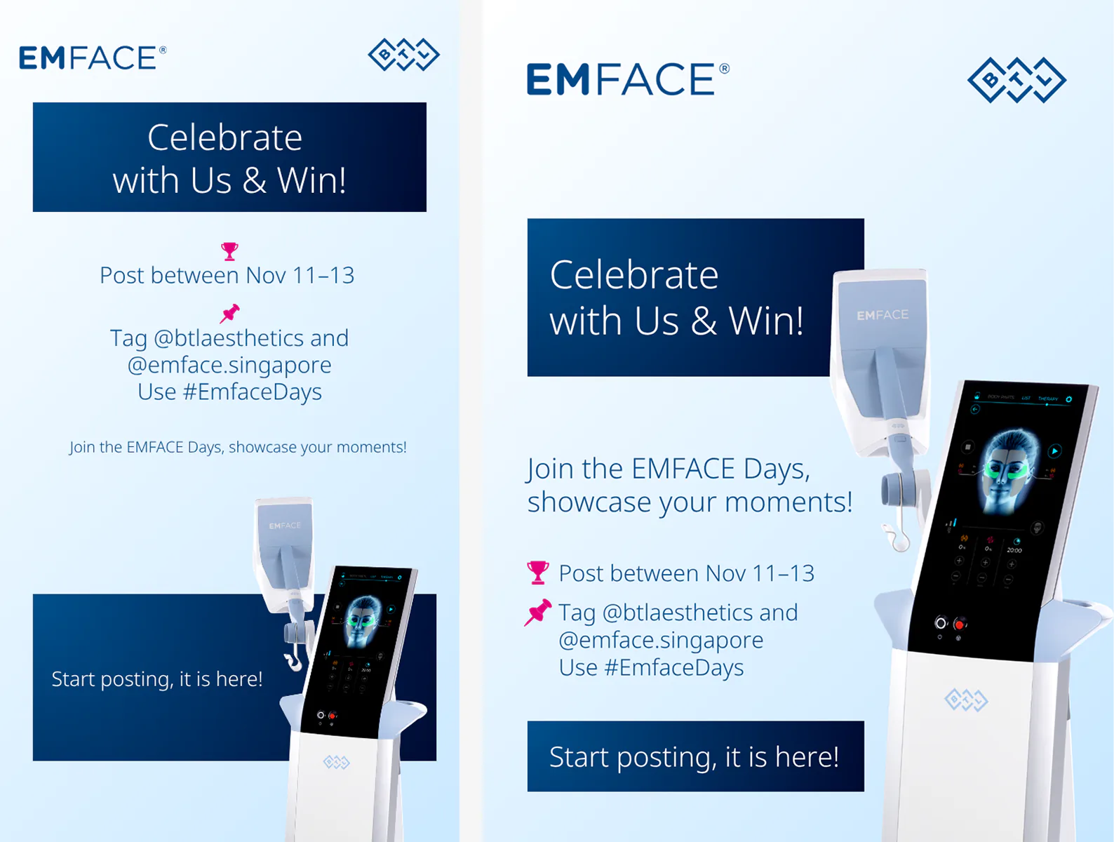 EMFACE Days posters featuring the EMFACE RF device — square and portrait layouts inviting entrants to post and tag.