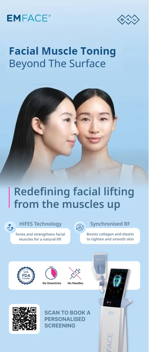 EMFACE roll-up banner — ‘Facial Muscle Toning Beyond the Surface’ with HIFES and synchronised RF benefits, FDA-cleared badges and a booking QR code.