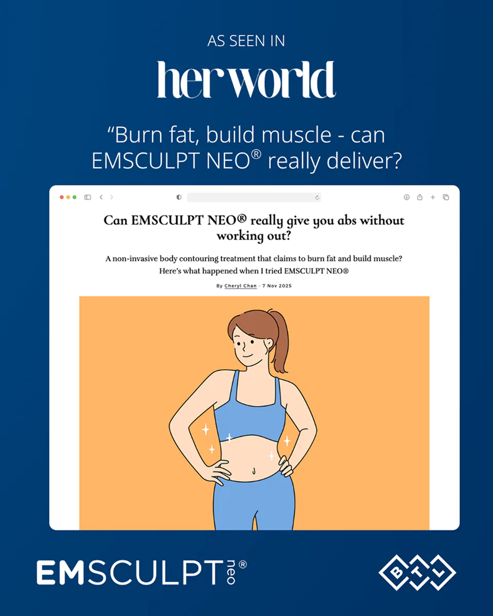 EMSCULPT NEO press feature post — ‘As seen in Her World’ framing the article ‘Can EMSCULPT NEO really deliver?’.