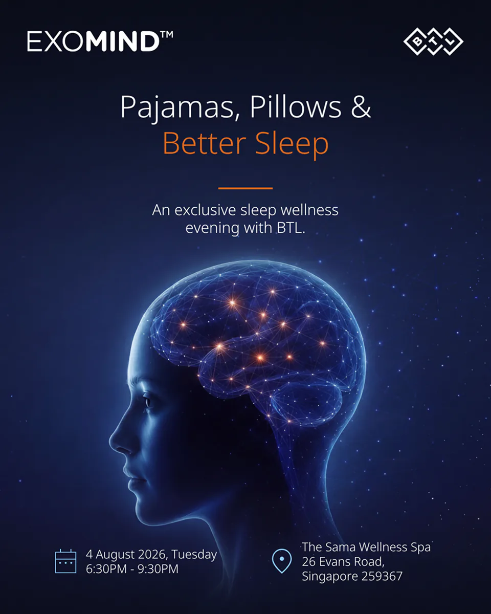 EXOMIND event poster — ‘Pajamas, Pillows & Better Sleep’ sleep-wellness evening with a glowing neural-network head illustration.