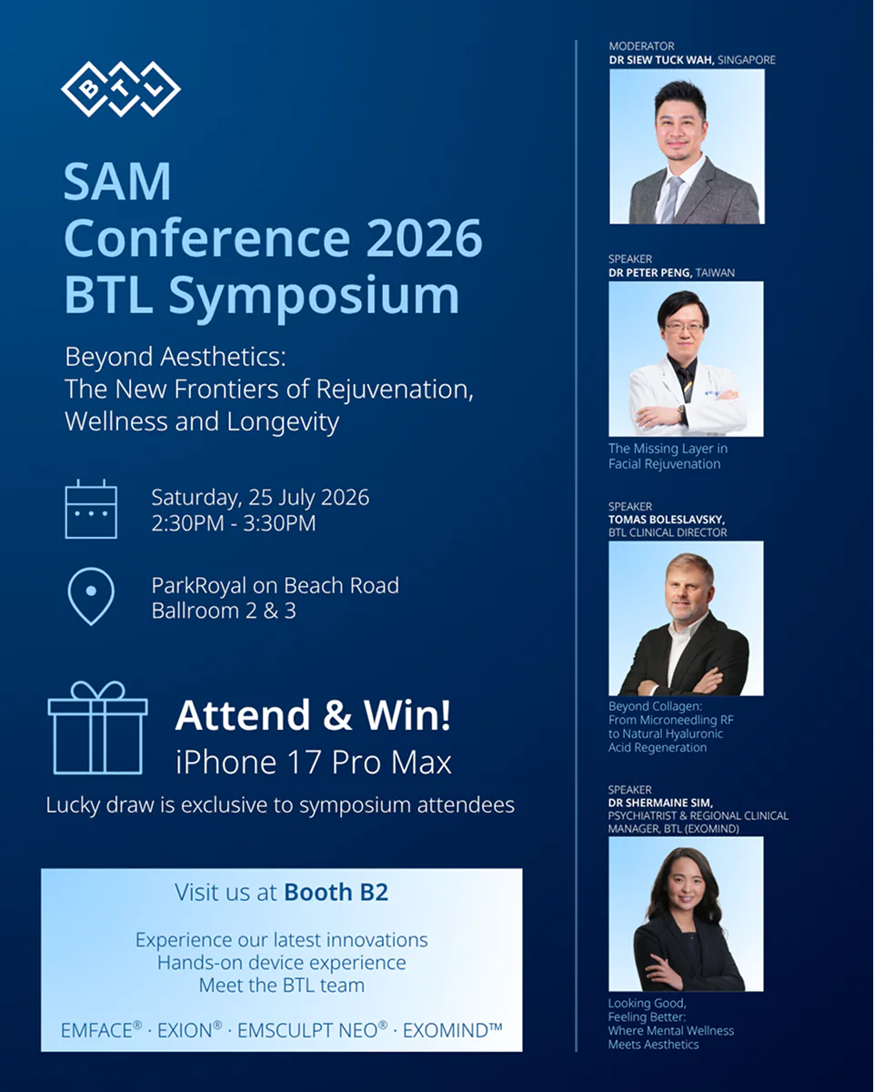 SAM Conference 2026 BTL Symposium poster — ‘Beyond Aesthetics’ agenda with four speaker headshots and lucky-draw details.