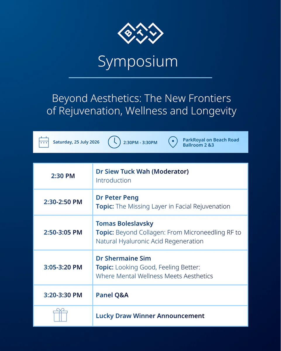 BTL Symposium schedule poster — a timed agenda of speaker sessions ending in a lucky-draw announcement row.