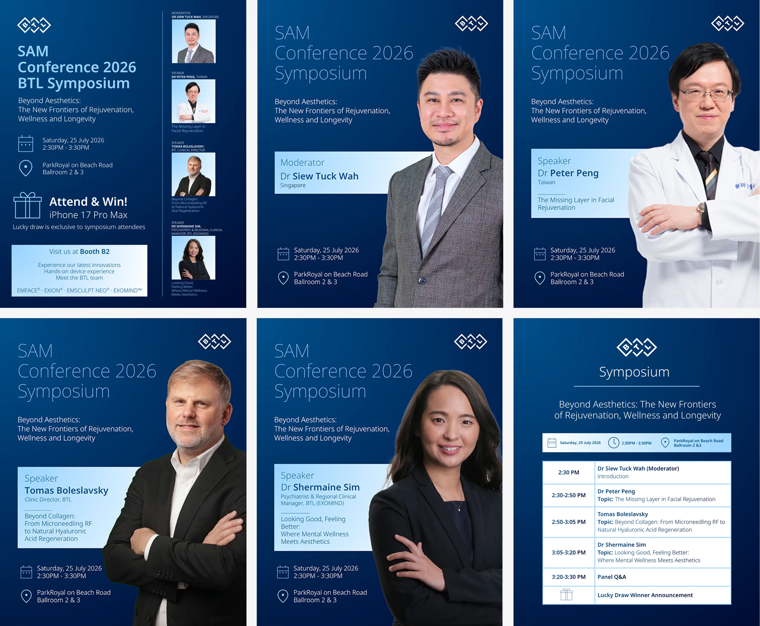 Six-panel SAM Conference 2026 BTL Symposium carousel — an opener with four speaker headshots and an iPhone lucky-draw offer, individual posters for moderator Dr Siew Tuck Wah and speakers Dr Peter Peng, Tomas Boleslavsky and Dr Shermaine Sim, and a closing timed agenda ending in a lucky-draw announcement.