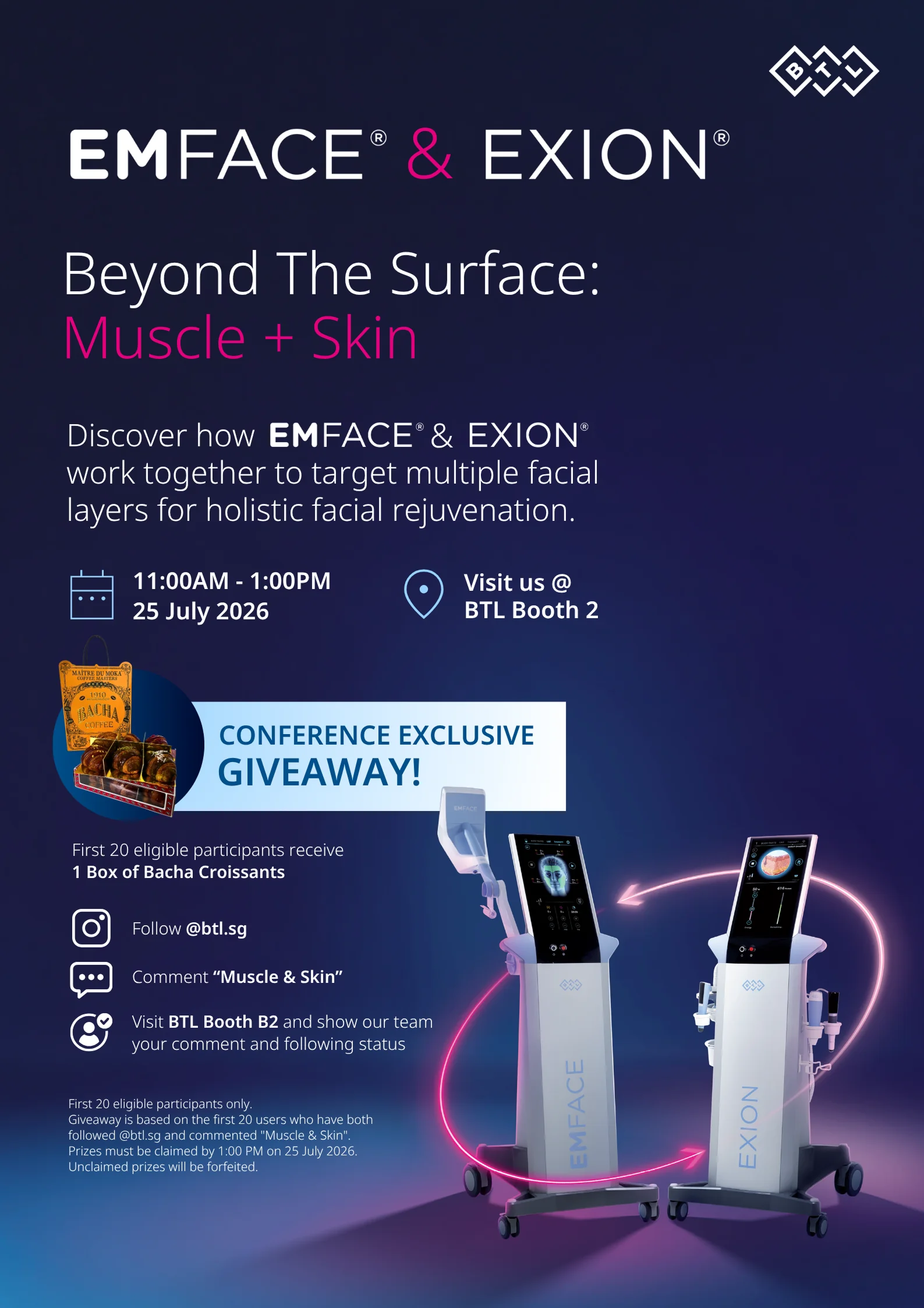 EMFACE and EXION conference poster — ‘Beyond The Surface: Muscle + Skin’ session details (11:00AM–1:00PM, 25 July 2026, BTL Booth 2) beside twin device renders linked by a pink circular arrow, with a Bacha-croissant giveaway offer for the first 20 participants who follow, comment and check in at the booth.