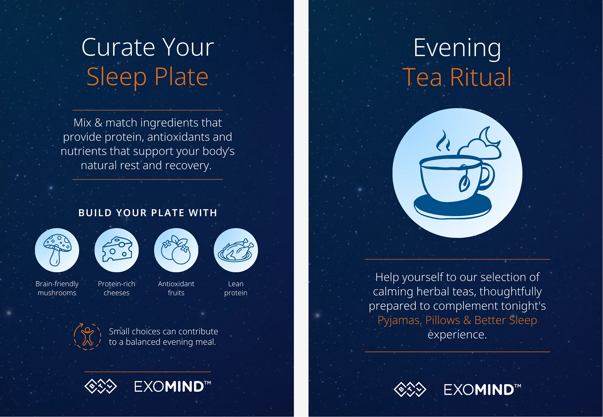 Two further EXOMIND programme cards for the same sleep-wellness evening — ‘Curate Your Sleep Plate,’ a mix-and-match food guide with mushroom, cheese, fruit and lean-protein icons, and ‘Evening Tea Ritual,’ inviting guests to a calming herbal-tea selection as part of the evening’s experience.