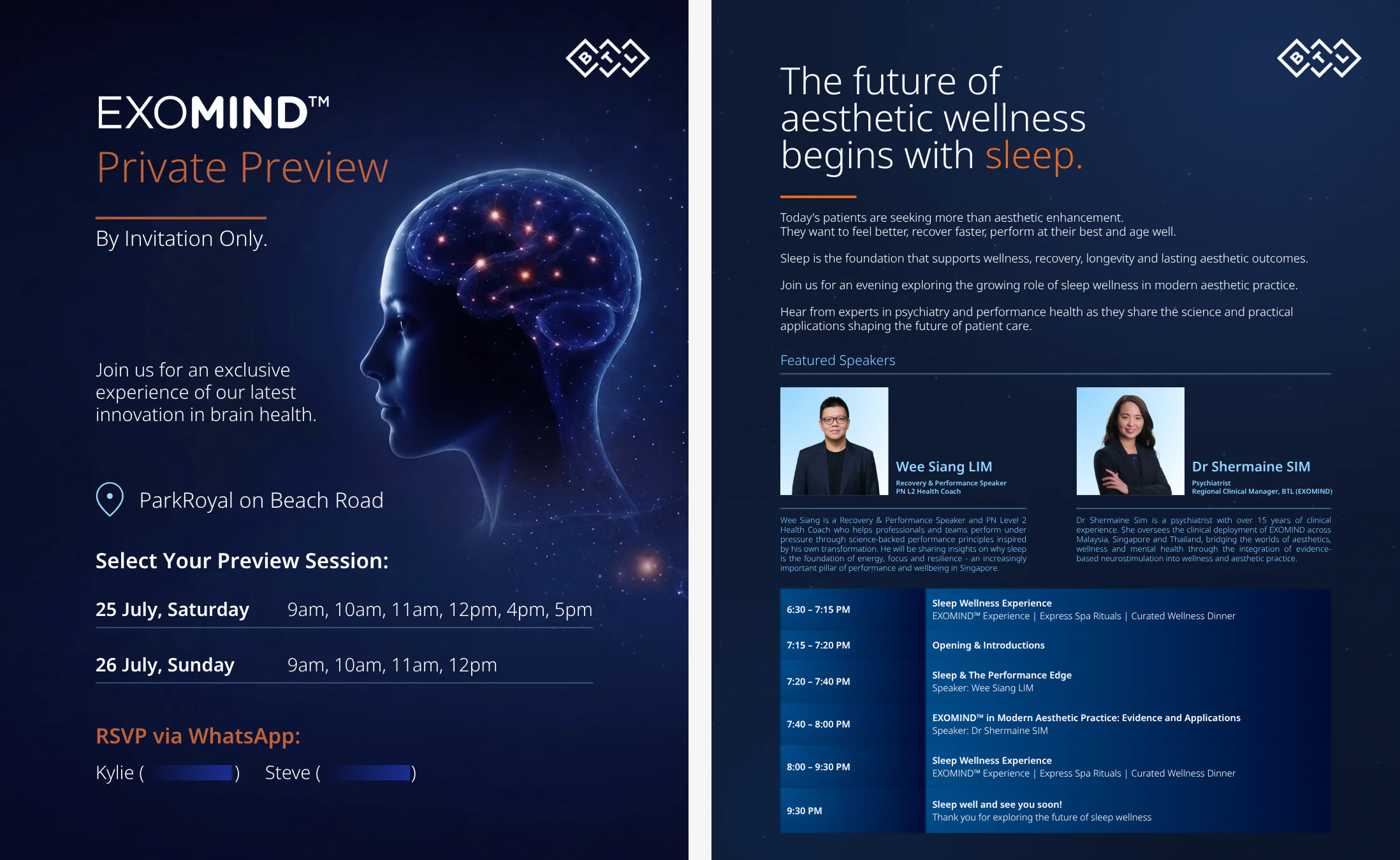 Two-panel EXOMIND invite — a ‘Private Preview: By Invitation Only’ card with a glowing neural-network head illustration, the ParkRoyal on Beach Road venue and a grid of preview-session times for 25–26 July, alongside a full evening programme, ‘The future of aesthetic wellness begins with sleep,’ introducing featured speakers Wee Siang Lim and Dr Shermaine Sim and a timed agenda for the sleep-wellness evening.