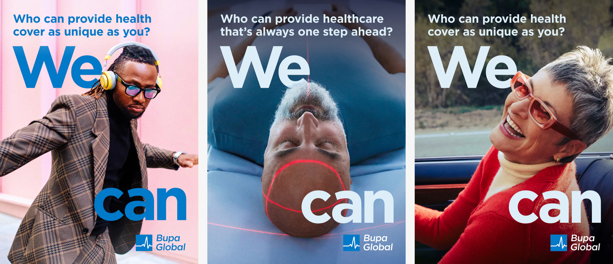 Bupa Global advertising pillar showing three individual lifestyles and messages about unique, forward-looking health cover.