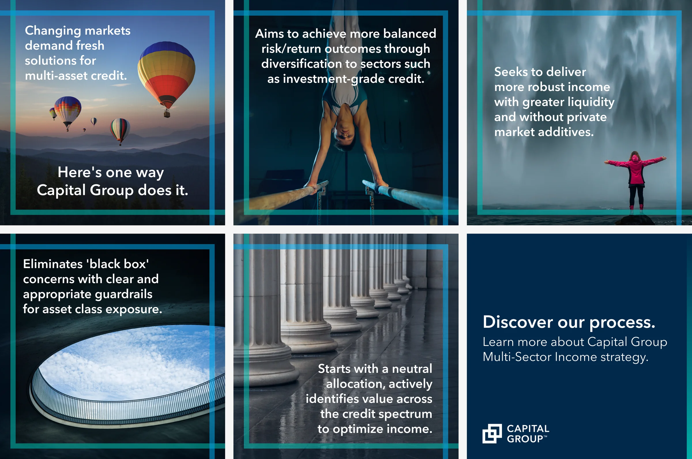 Capital Group six-panel LinkedIn carousel for the Multi-Sector Income strategy — hot-air balloons, a gymnast on parallel bars, a hiker on a ridge, a domed reflecting-pool skylight and a colonnade illustrate diversification, balanced risk/return, liquidity, transparent guardrails and active credit selection, closing on a navy ‘Discover our process’ panel with the Capital Group logo.