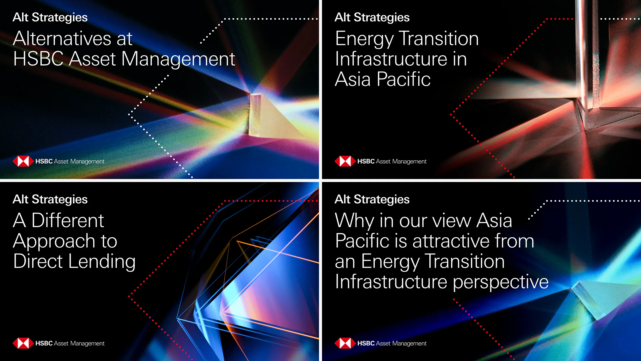 Alt Strategies video thumbnails — four titles over prism and refracted-light imagery.