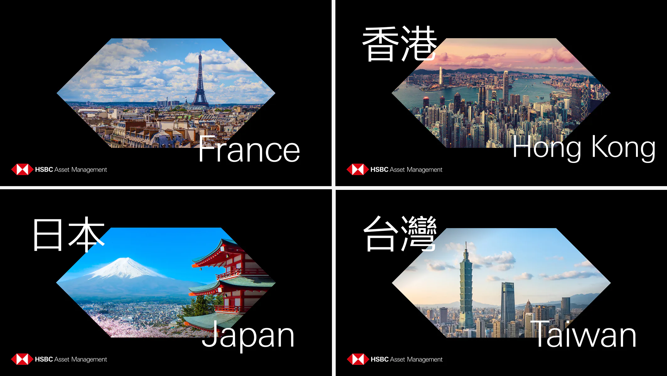 Country video thumbnails — France, Hong Kong, Japan and Taiwan cityscapes masked into the HSBC hexagon device with bilingual titles.