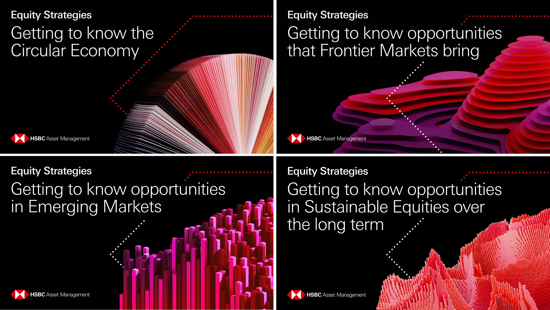 Equity Strategies video thumbnails — four ‘Getting to know’ titles set over abstract 3D render backgrounds.