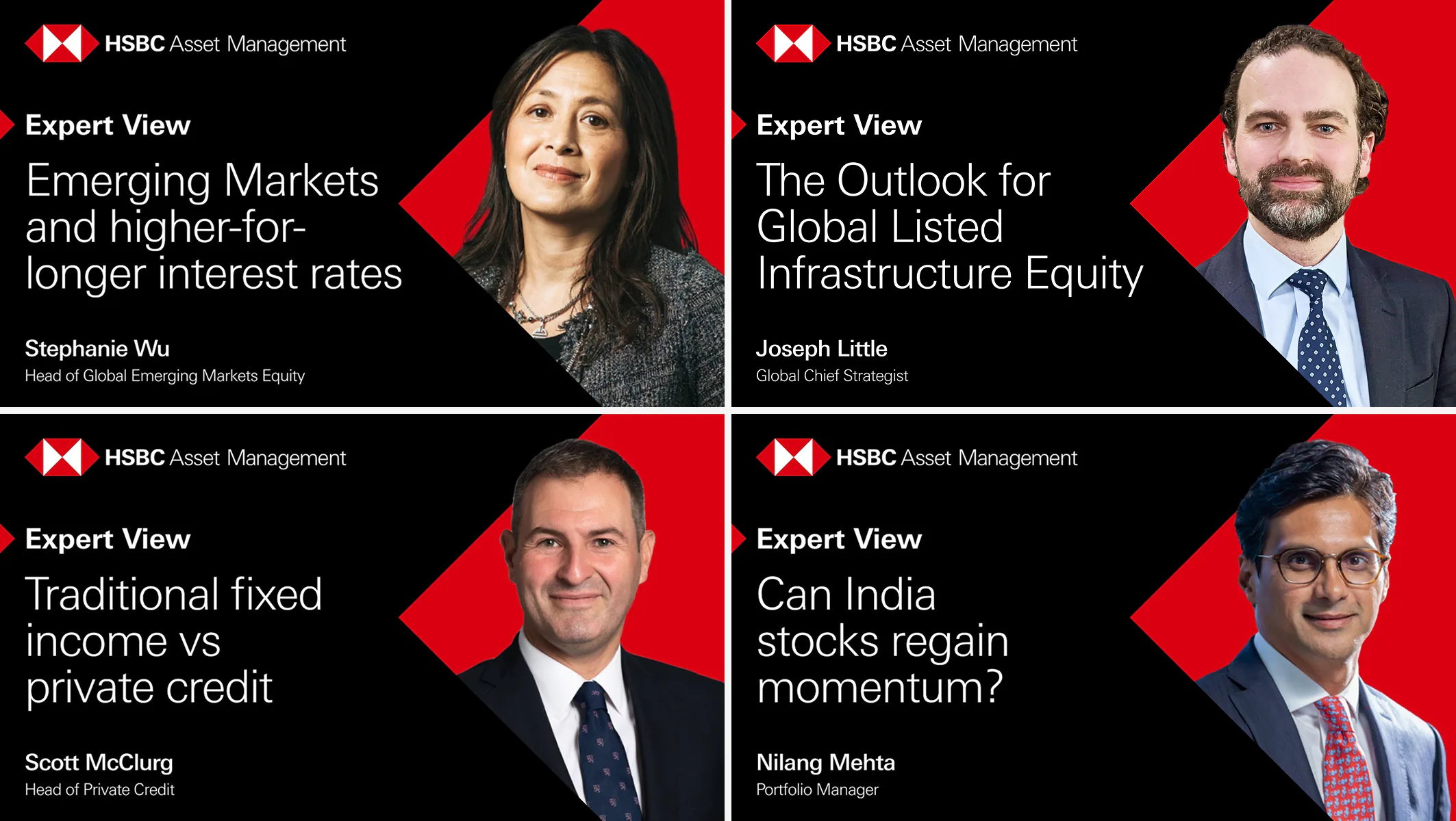 Expert View video thumbnails — four talking-head title cards pairing a headline with a named HSBC expert on the red chevron background.