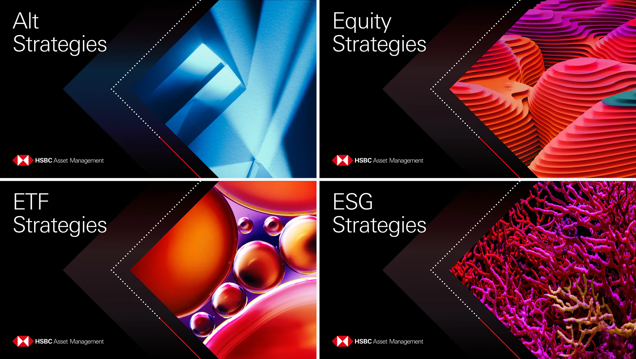 HSBC Asset Management video theme covers — four end-slate designs (Alt, Equity, ETF and ESG Strategies) with the chevron device over abstract macro imagery.