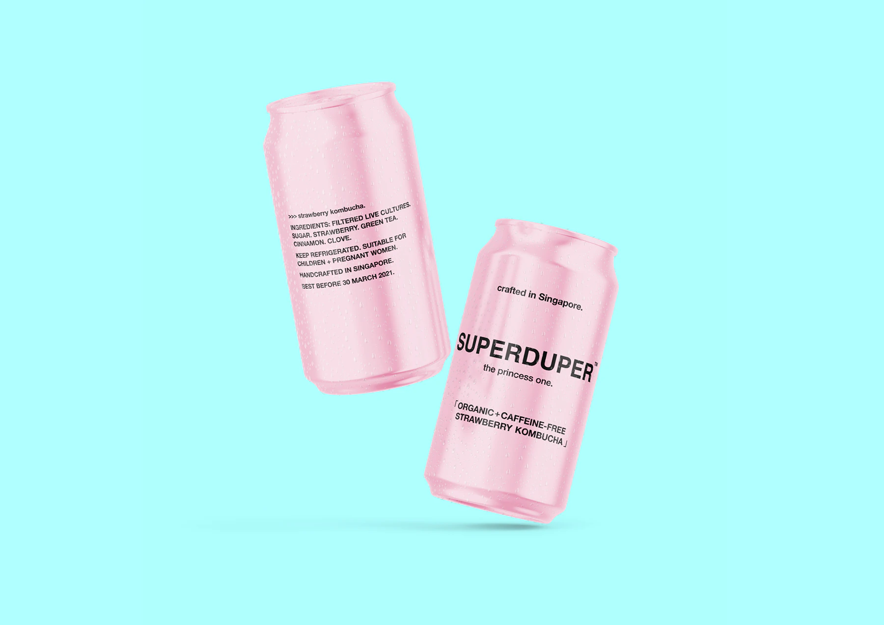 SUPERDUPER strawberry kombucha can concept — two condensation-covered pink cans floating against a bright cyan background, showing front branding and ingredient copy.