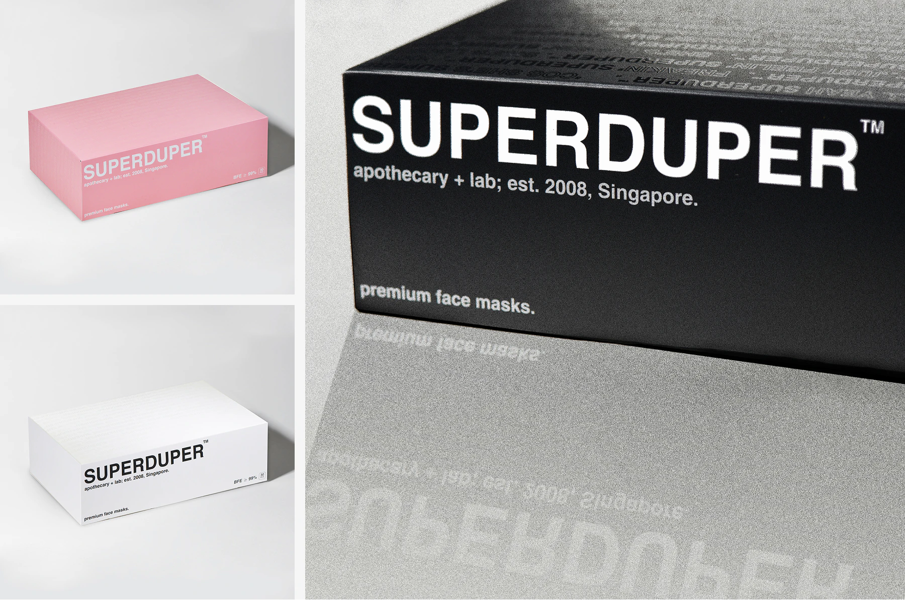SUPERDUPER premium face-mask packaging concepts — pink and white box mockups alongside a close-up black carton with an oversized wordmark and silver typography.